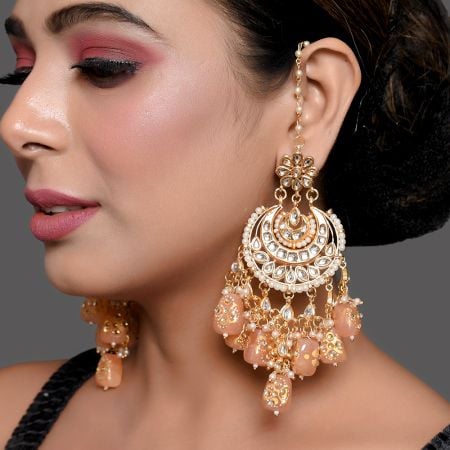 Peach Pearl Mirror Chandelier Earrings with Ear Chain Detailing